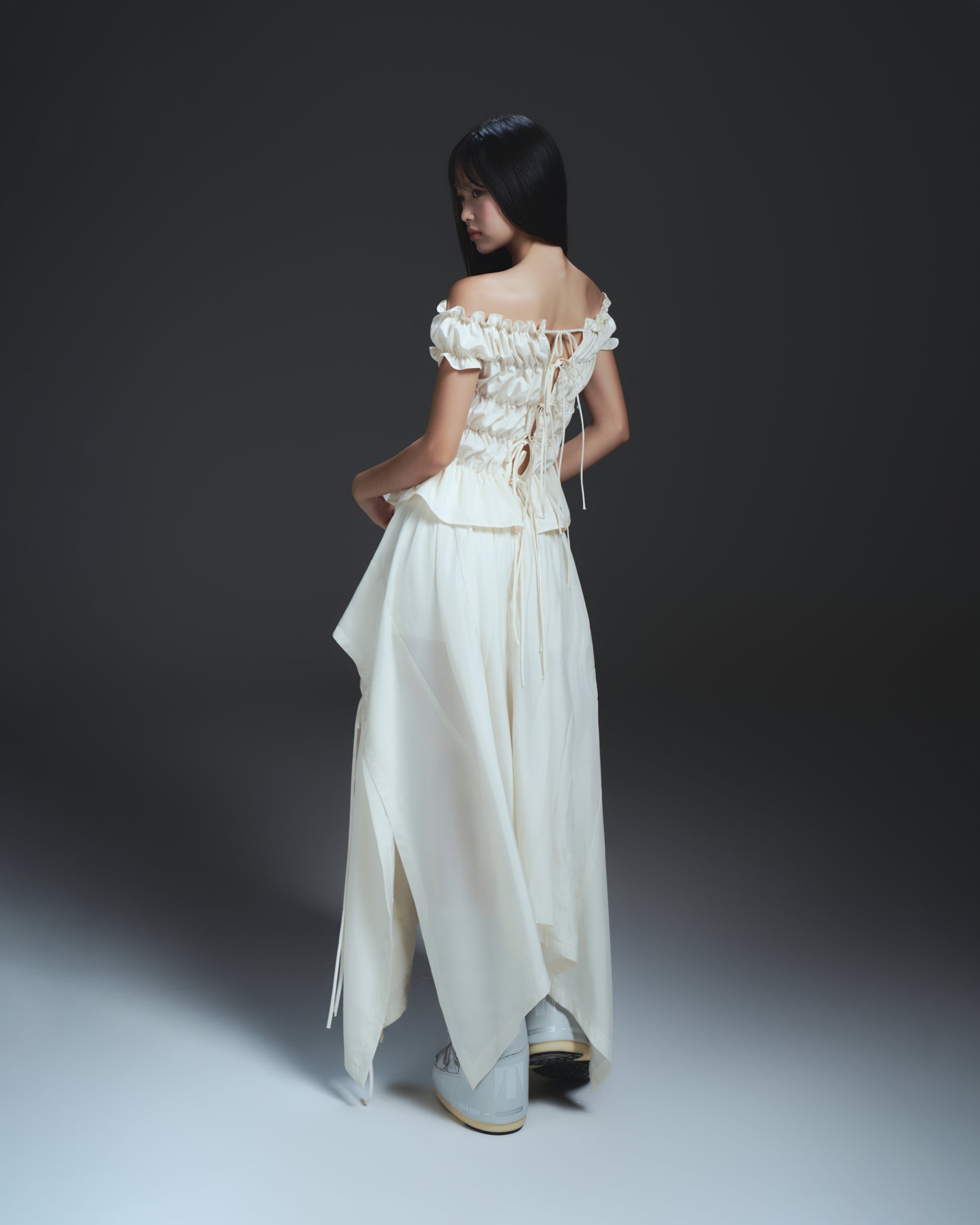 Ivory scoop neck blouse – styled with wide-leg trousers