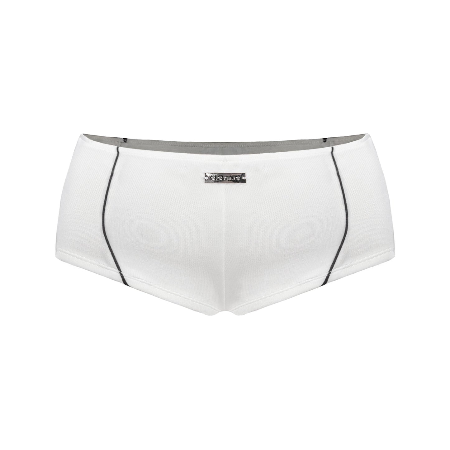 White athletic shorts with a brand logo on a white background