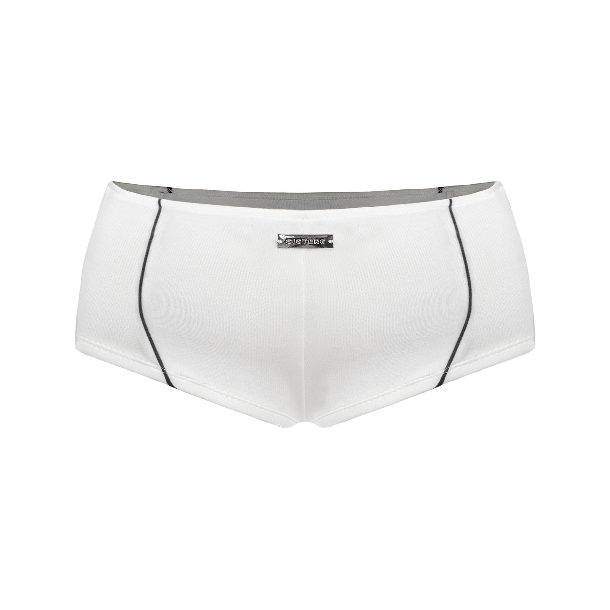 White athletic shorts with a brand logo on a white background