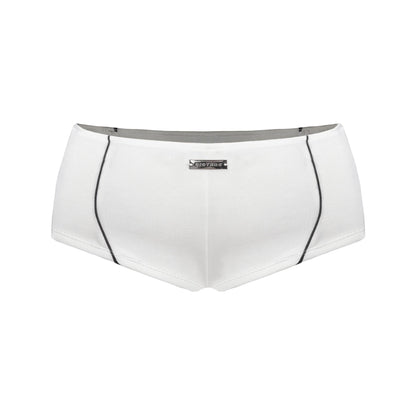 White athletic shorts with a brand logo on a white background