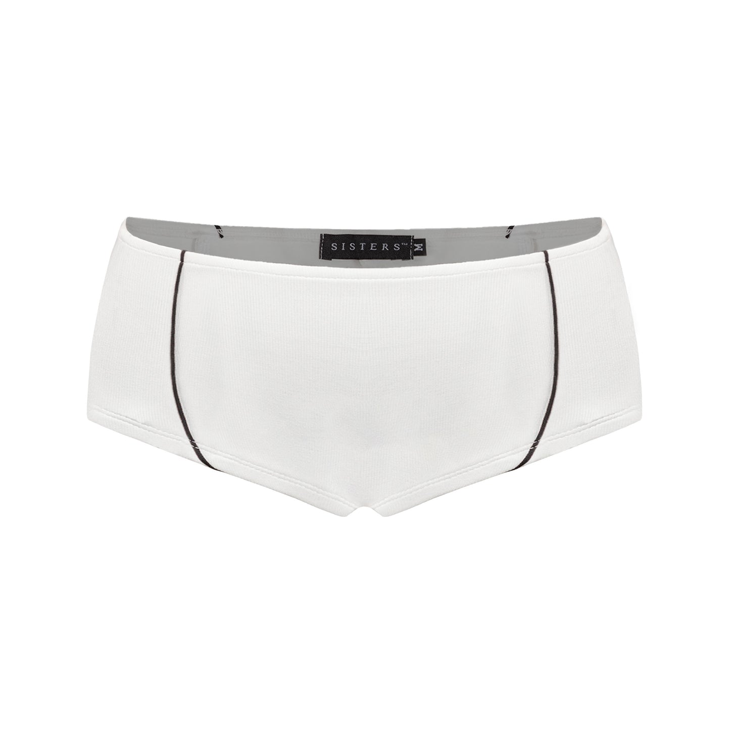 White boxer briefs with black trim on a white background