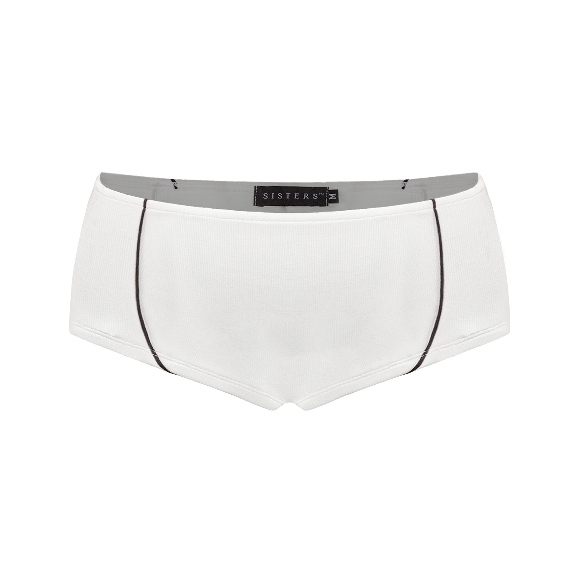 White boxer briefs with black trim on a white background