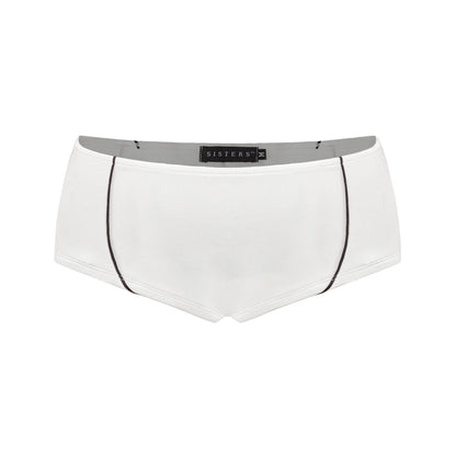 White boxer briefs with black trim on a white background