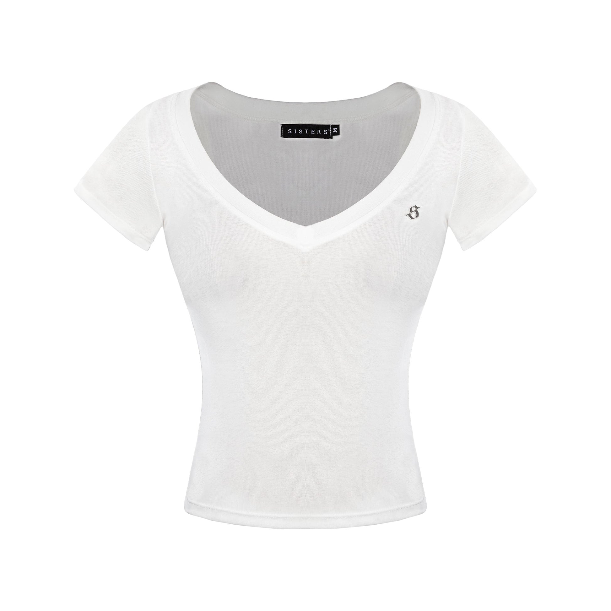 White crop top with a brand label on a white background
