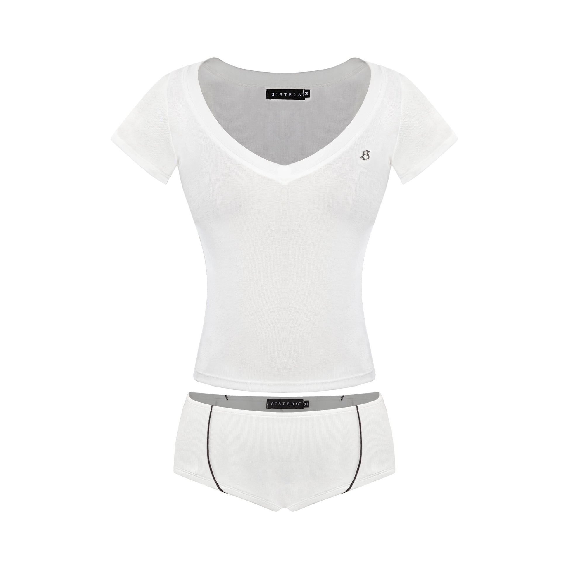 White t-shirt with a small logo on a white background