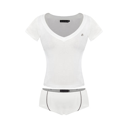 White t-shirt with a small logo on a white background
