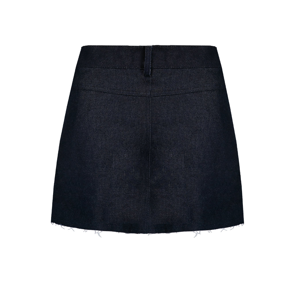 Black denim skirt on a white background