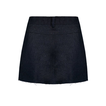 Black denim skirt on a white background