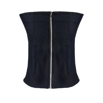Black waist trainer with a zipper on a white background