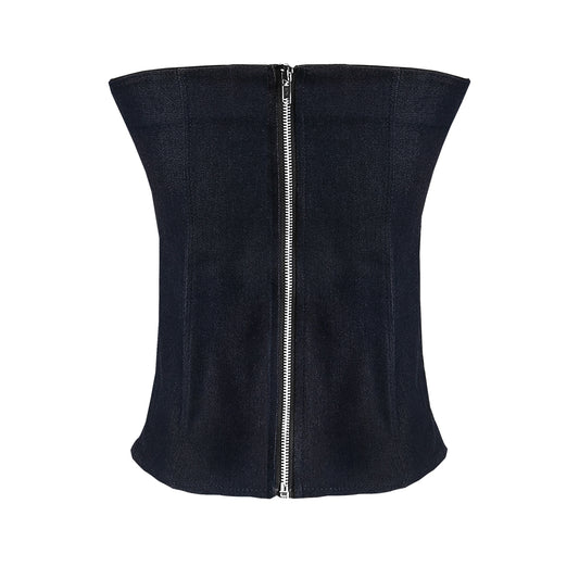 Black waist trainer with a zipper on a white background