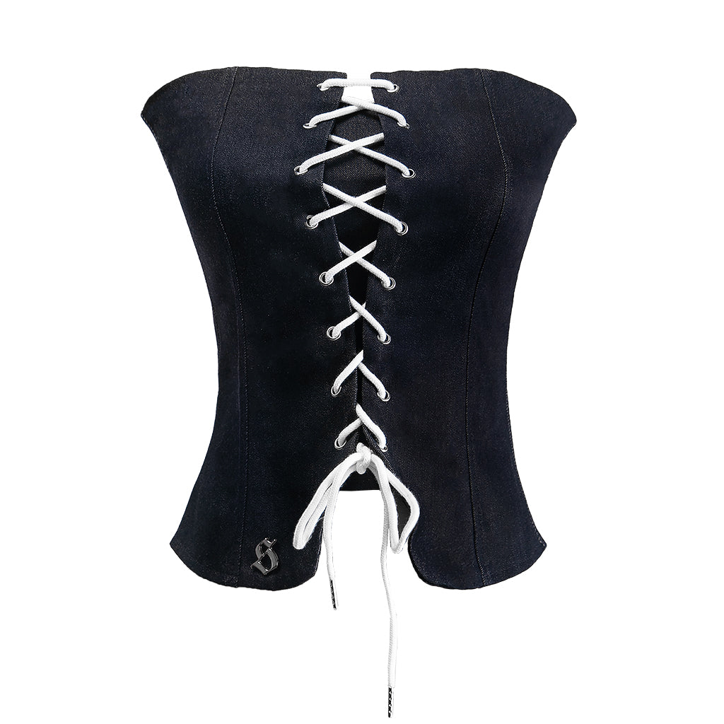 Black corset with white laces on a white background