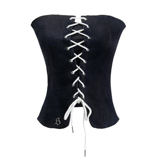 Black corset with white laces on a white background