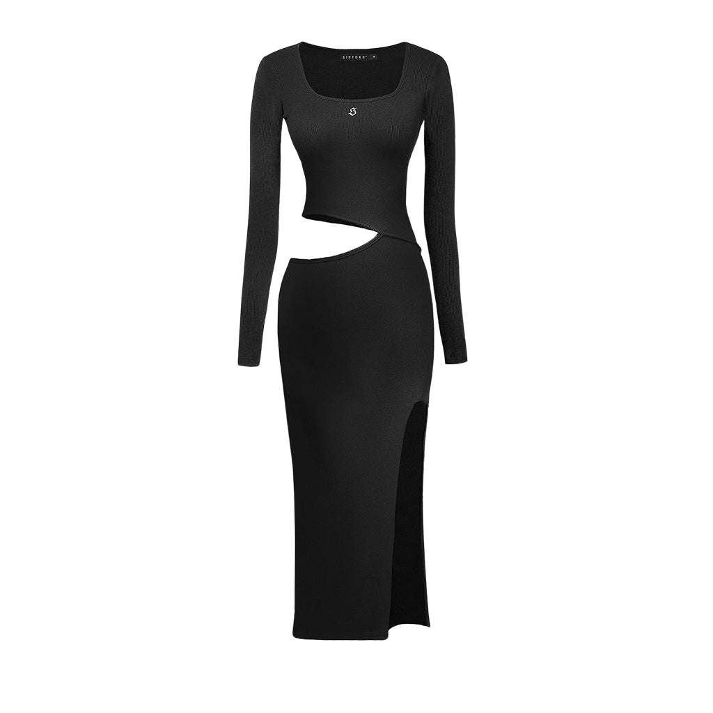 Black long-sleeve dress with cut-out design on a white background