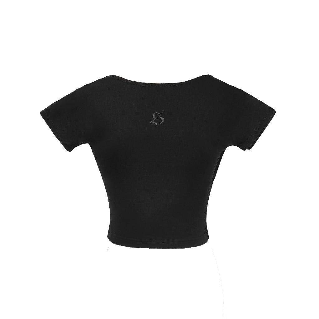 Black crop top with a logo on the back against a white background