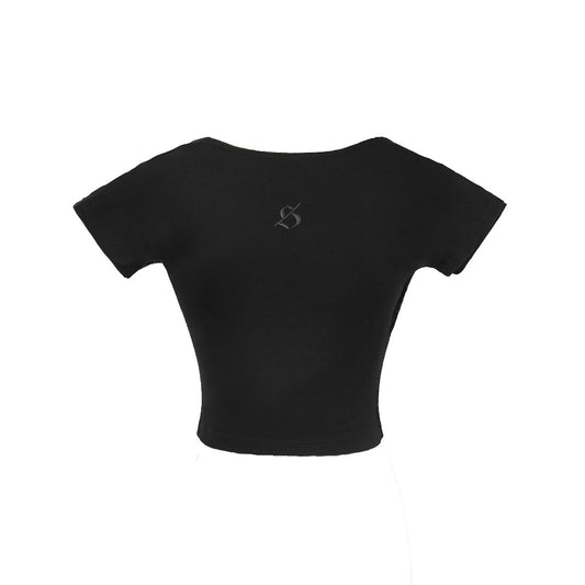 Black crop top with a logo on the back against a white background