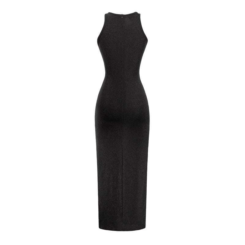 Black sleeveless dress on a white background