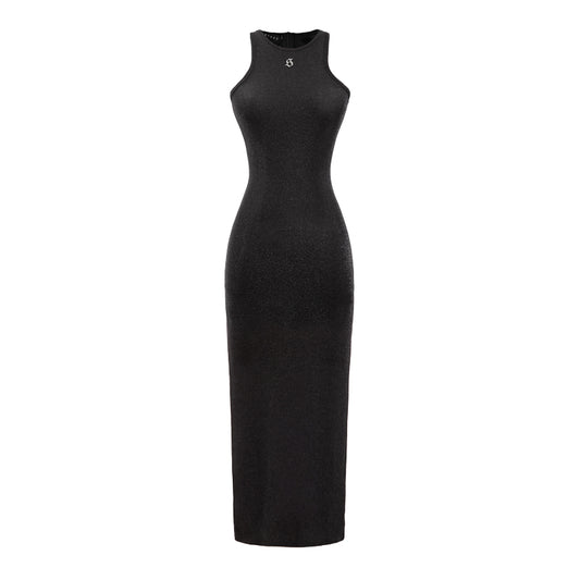 Black sleeveless dress on a white background