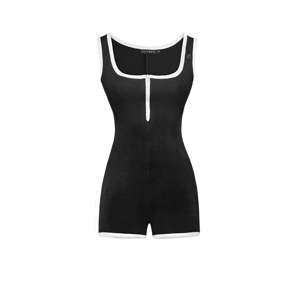 Black bodysuit with white trim on a white background