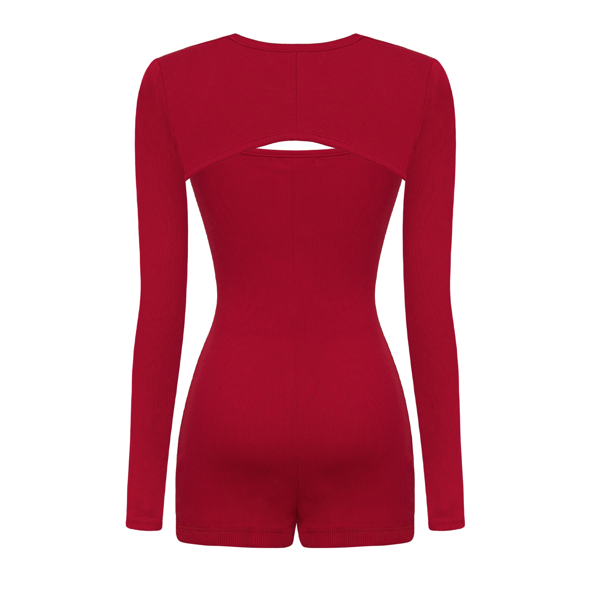 Red bodysuit with cutout design on a white background