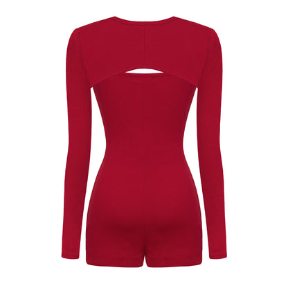 Red bodysuit with cutout design on a white background