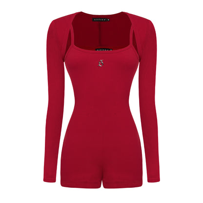 Red bodysuit with long sleeves on a white background