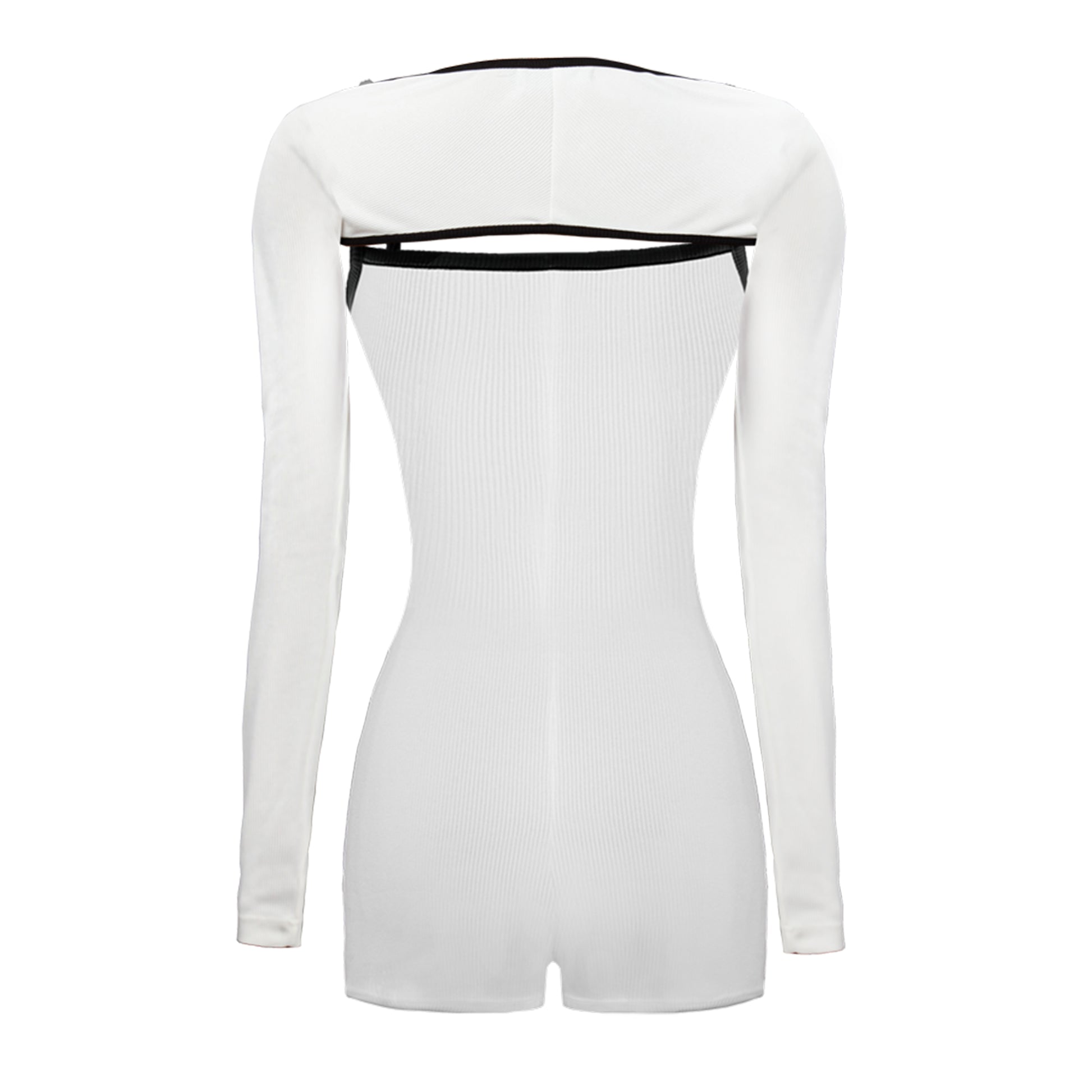White bodysuit with black accents on a white background