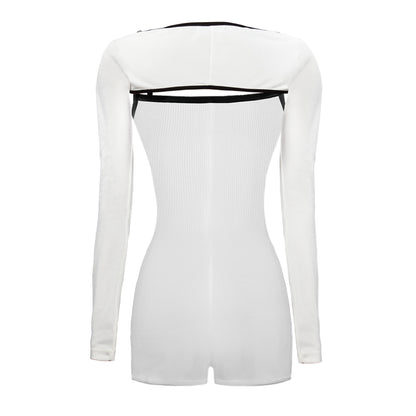 White bodysuit with black accents on a white background