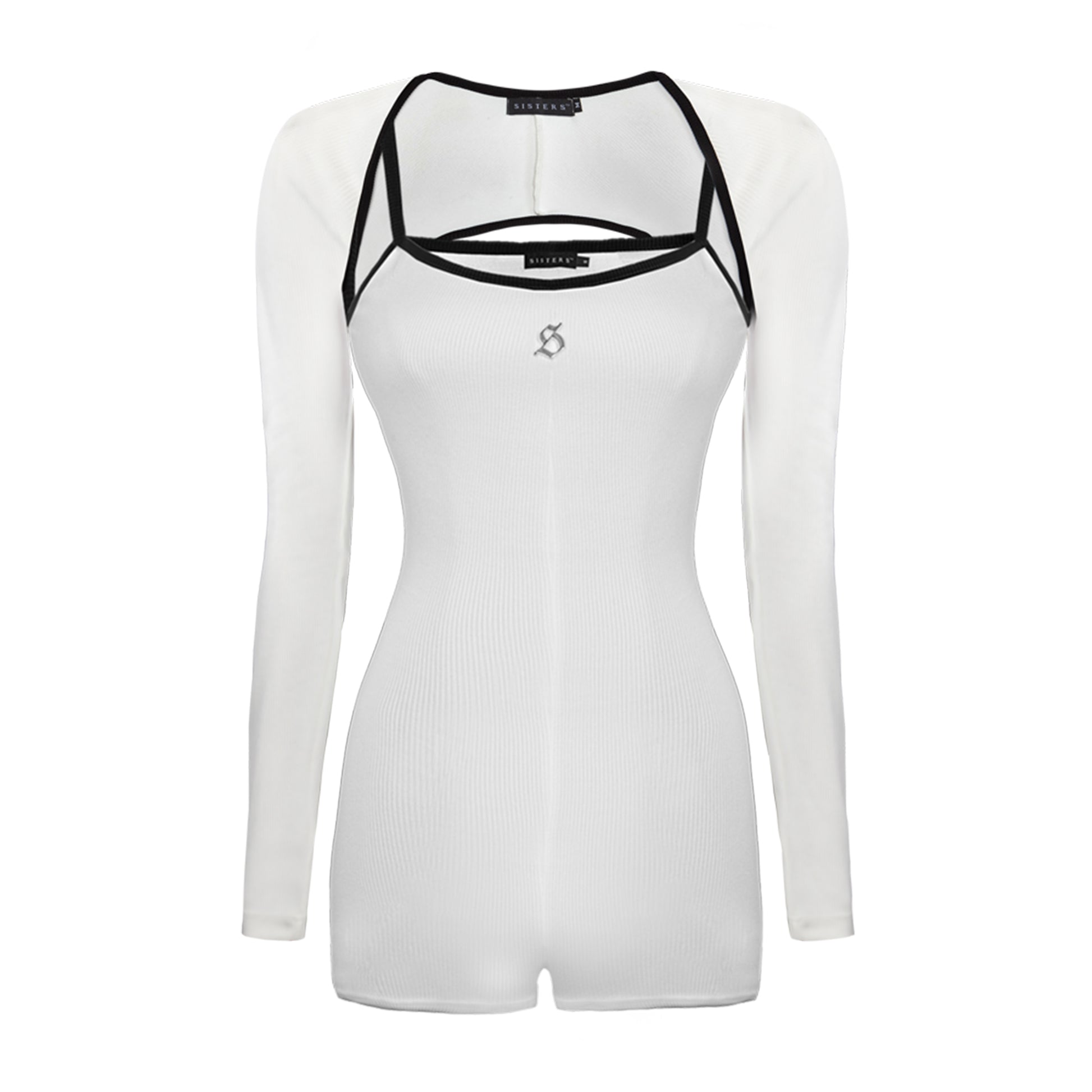 White long-sleeve top with black straps on a white background