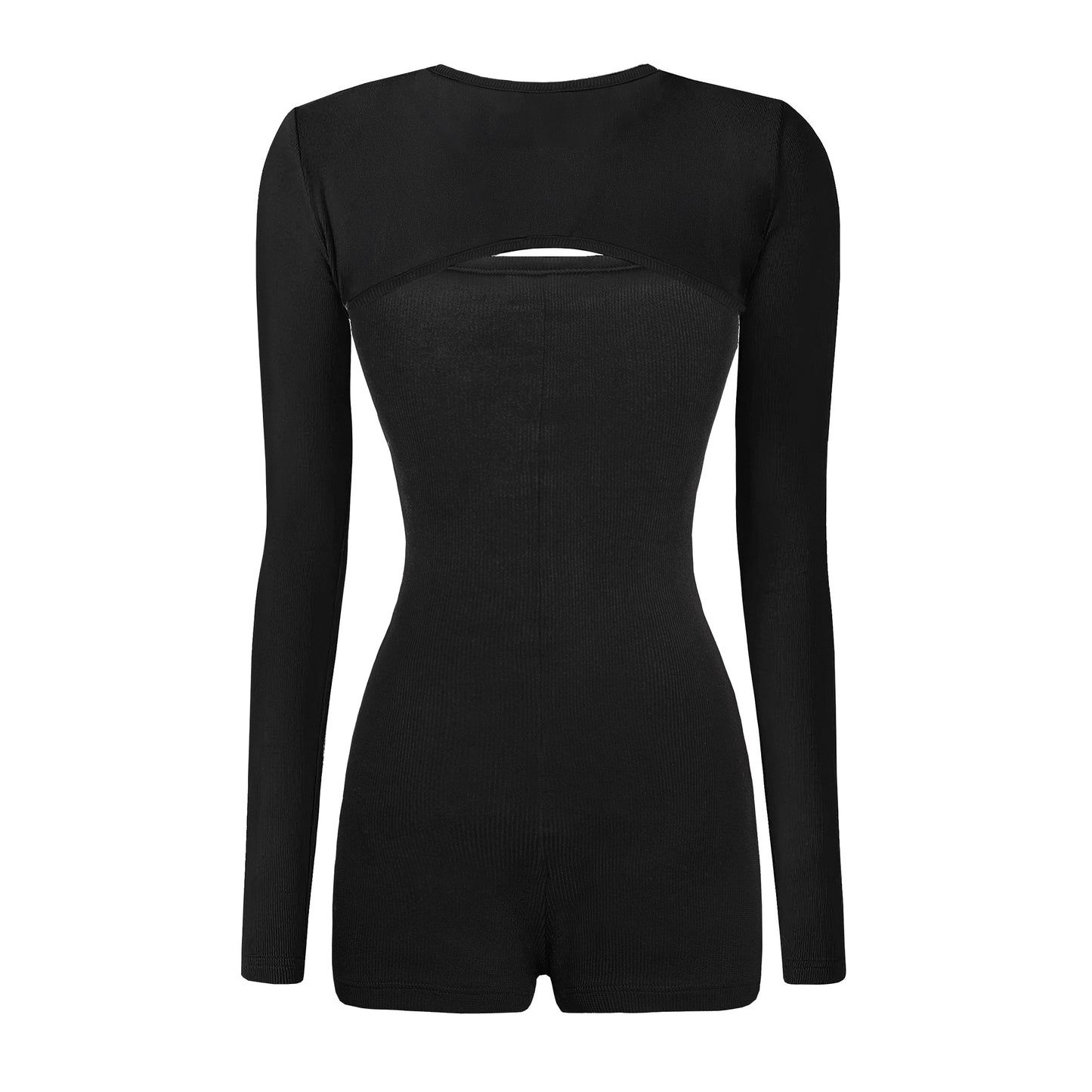 Black bodysuit with cutout design on a white background