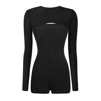 Black bodysuit with cutout design on a white background