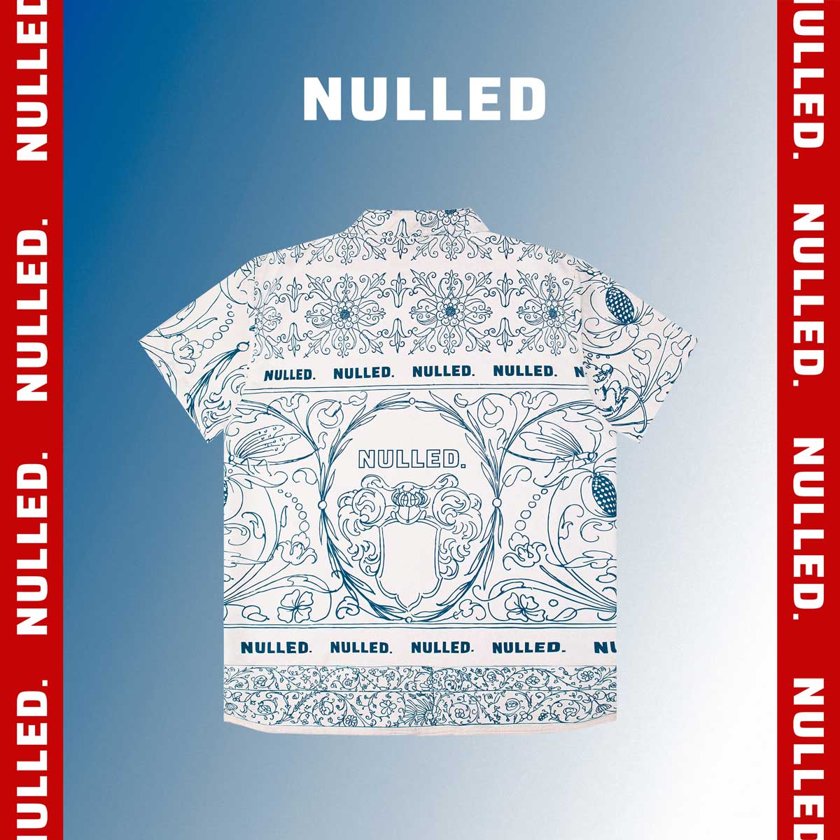 White t-shirt with intricate patterns and 'NULLED' branding on a blue background