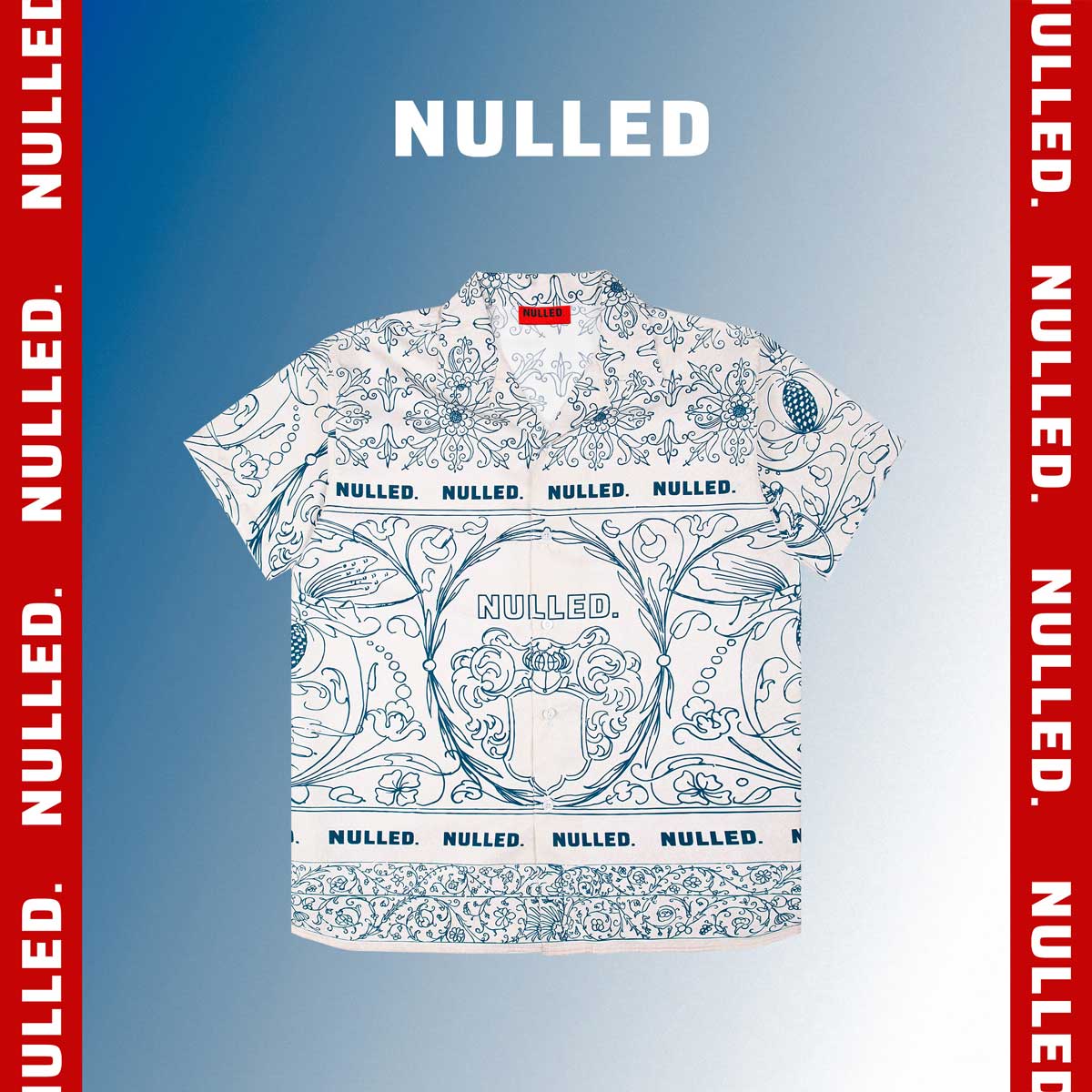 White t-shirt with intricate patterns and 'NULLED' branding on a blue background with red text.