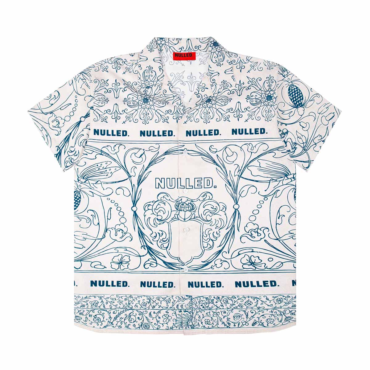 Shirt with intricate blue patterns and 'Nulled' branding on a white background