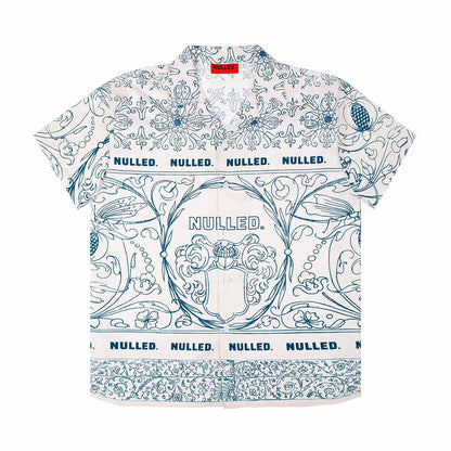 Shirt with intricate blue patterns and 'Nulled' branding on a white background