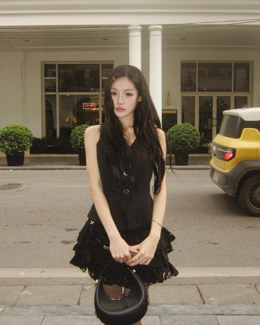 The Fancé Rosie Top – Black side profile with halter neck
