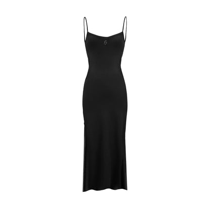 Black slip dress on a white background