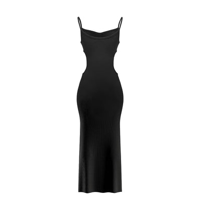 Black slip dress on a white background