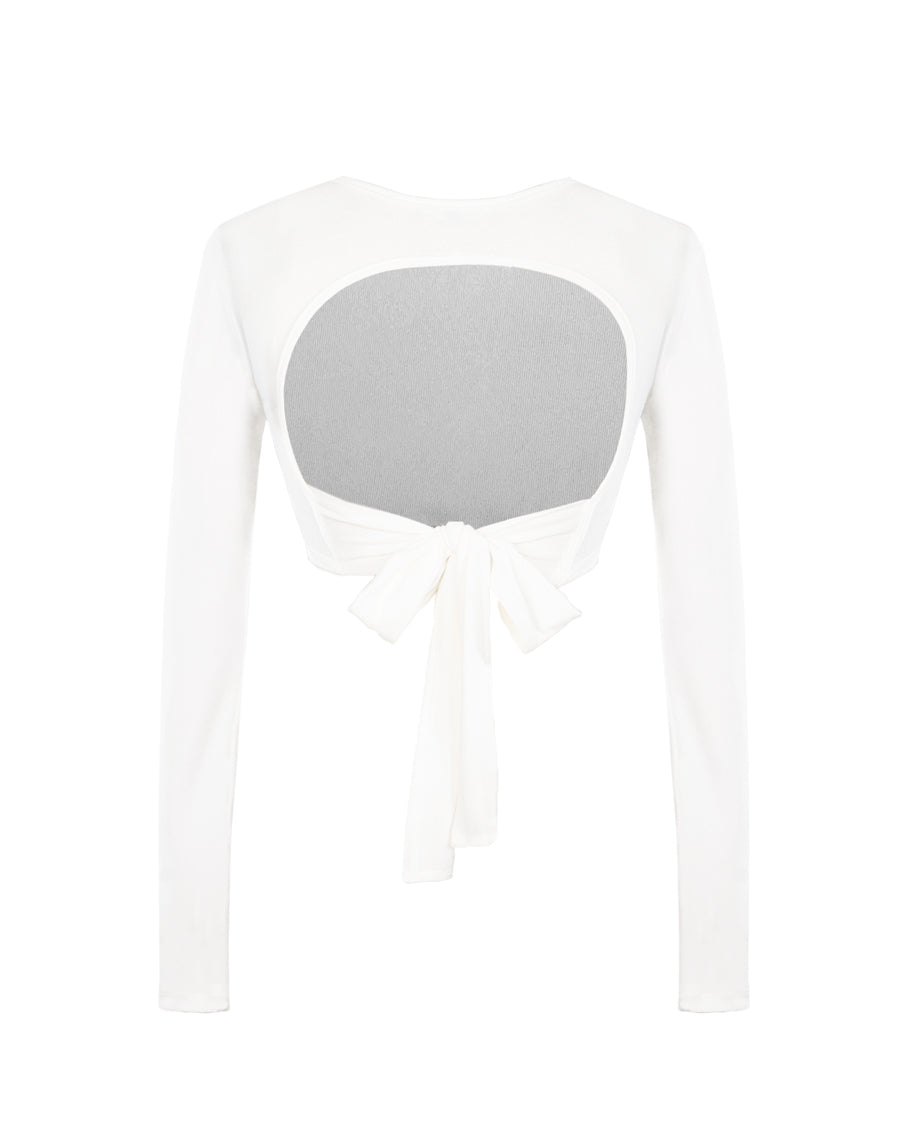 White long-sleeve top with a gray underwired bra on a white background