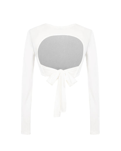 White long-sleeve top with a gray underwired bra on a white background