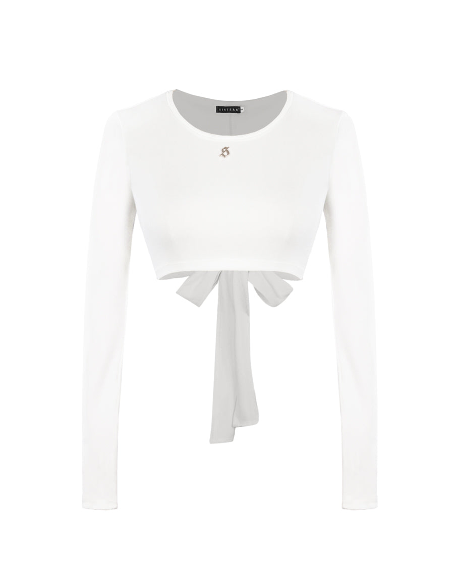 White long-sleeve top with a tie detail on a white background