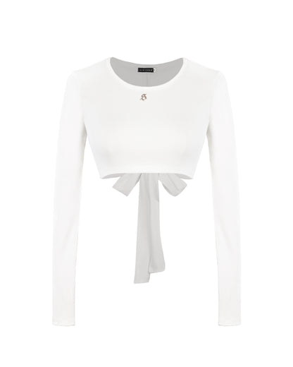 White long-sleeve top with a tie detail on a white background