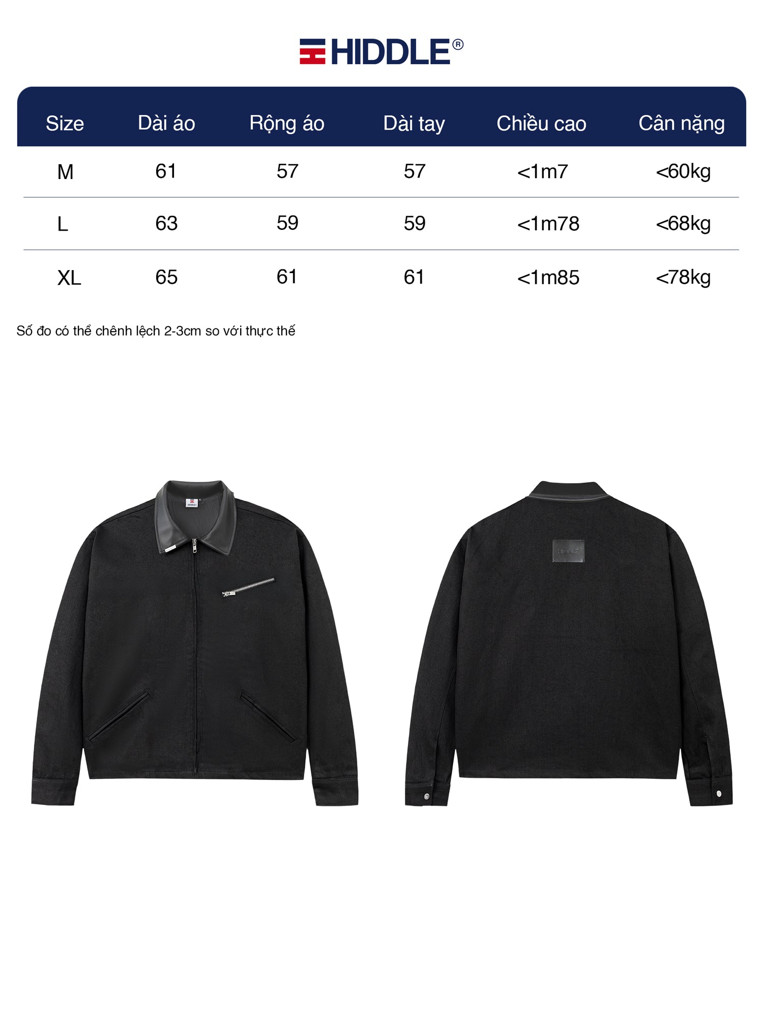 Black jacket with size chart and front and back views on a white background