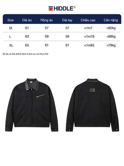Black jacket with size chart and front and back views on a white background