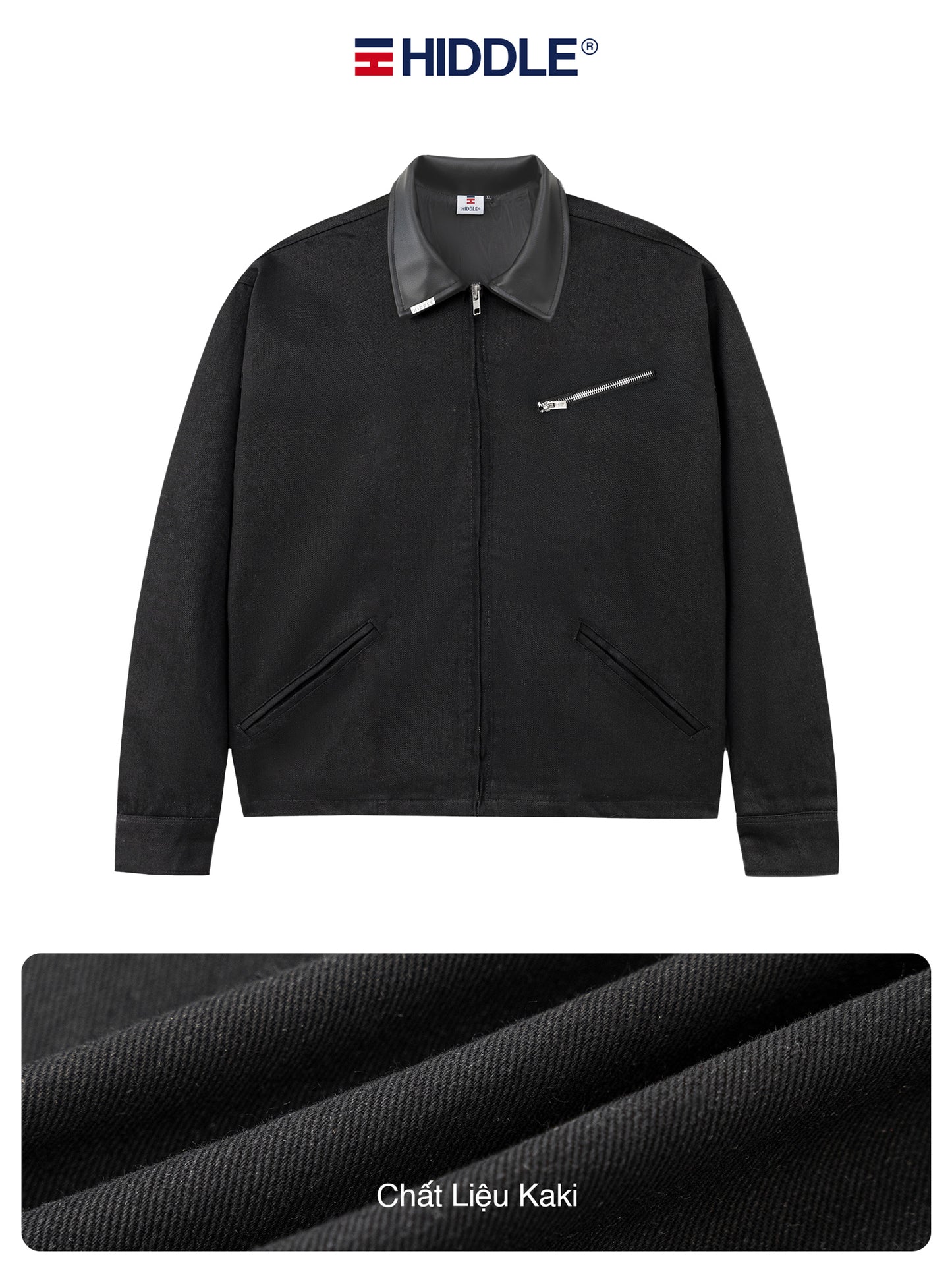 Black jacket with gray collar and zipper on a white background, featuring the Hiddle brand.