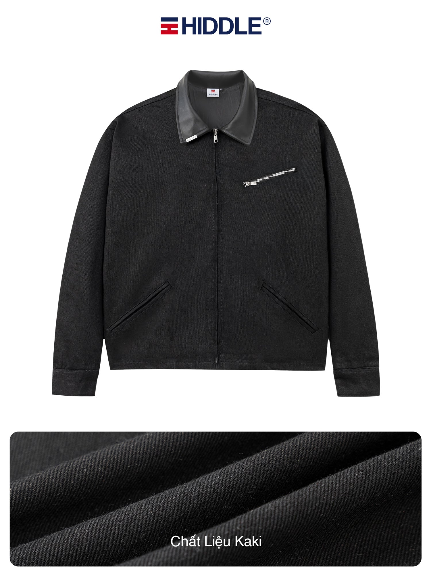 Black jacket with gray collar and zipper on a white background, featuring the Hiddle brand.