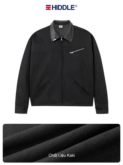 Black jacket with gray collar and zipper on a white background, featuring the Hiddle brand.