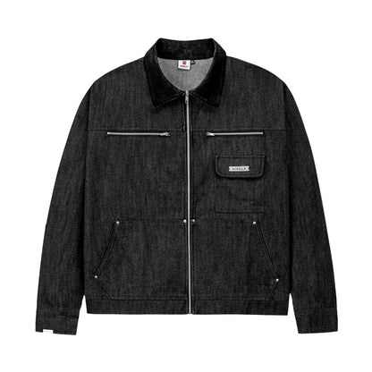 Dark denim jacket with zippers and pockets on a white background