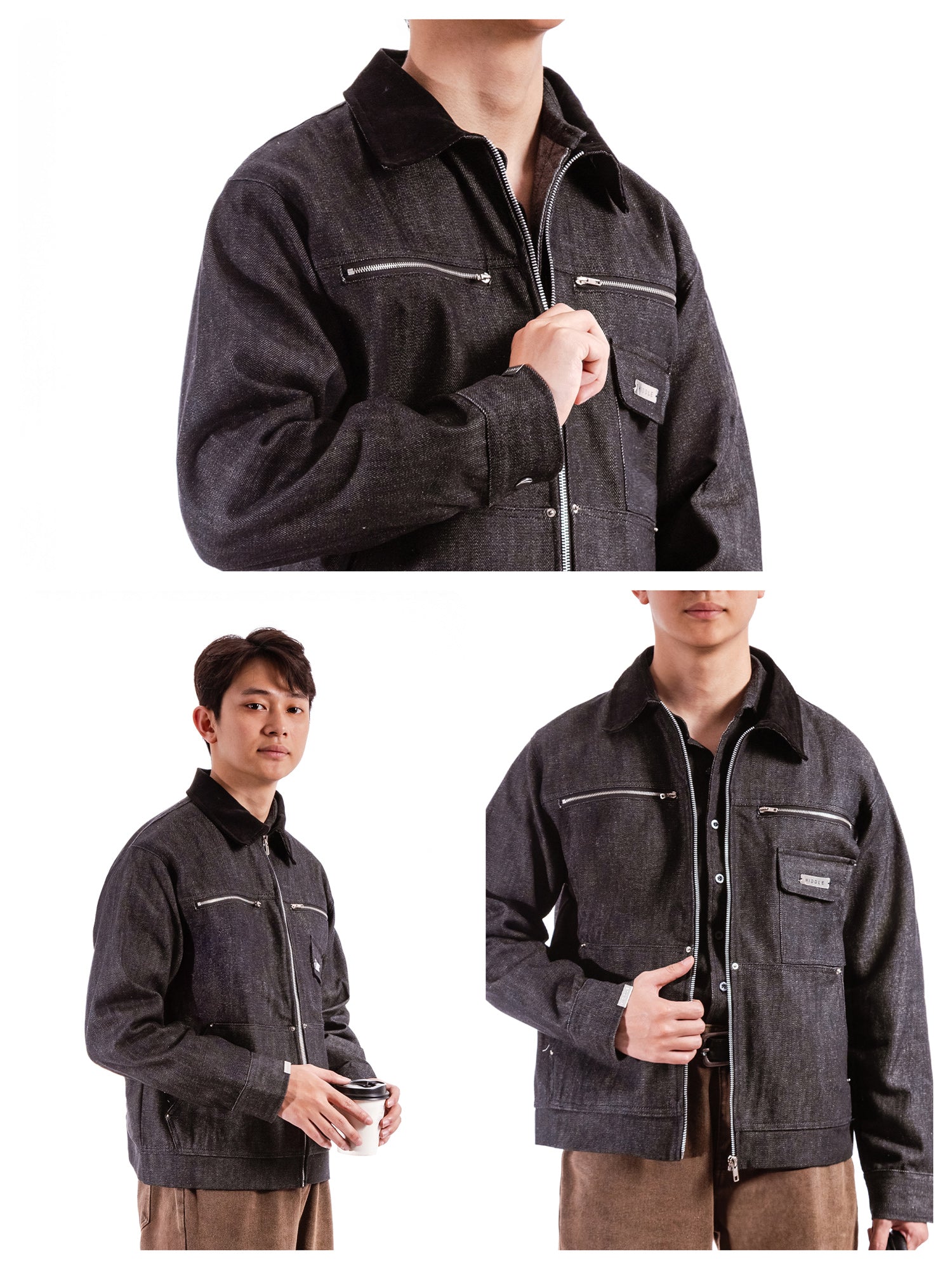 Dark denim jacket with white stitching worn by a person on a white background