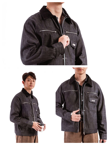 Dark denim jacket with white stitching worn by a person on a white background