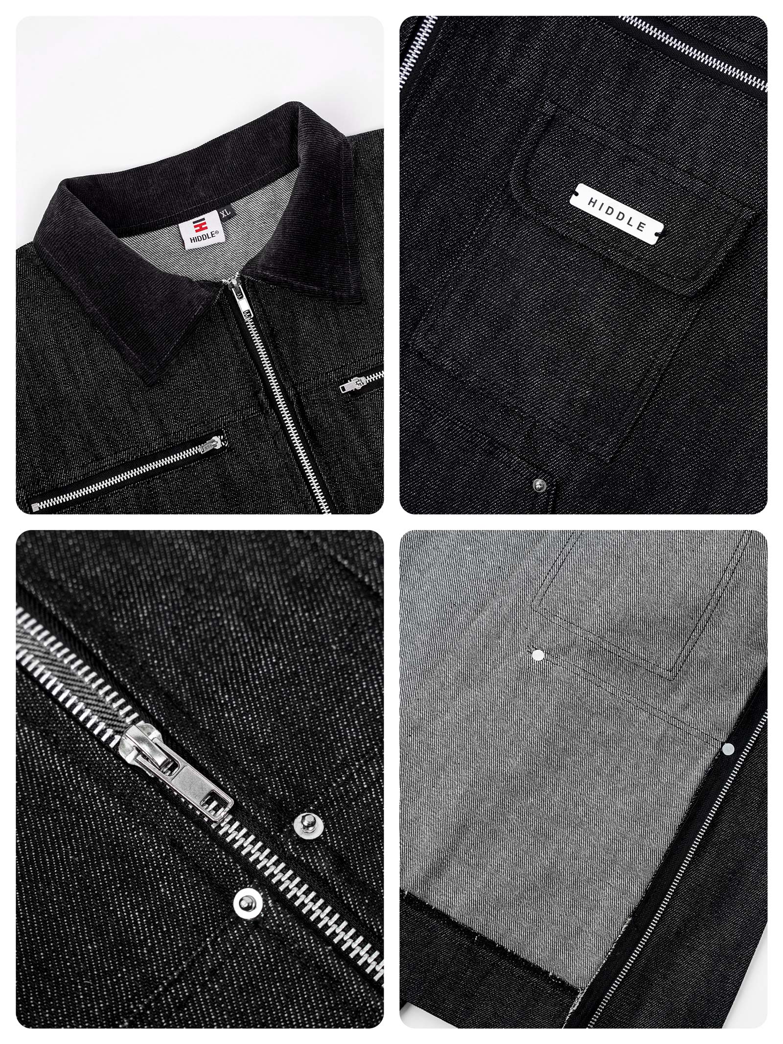 Collage of a black jacket with zippers and buttons, featuring the brand 'Widdle'.